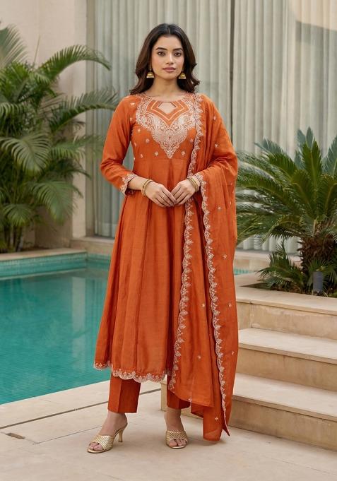 Orange Embroidered Vichitra Kurta Set