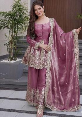 Mauve Embroidered Silk Kurta Set