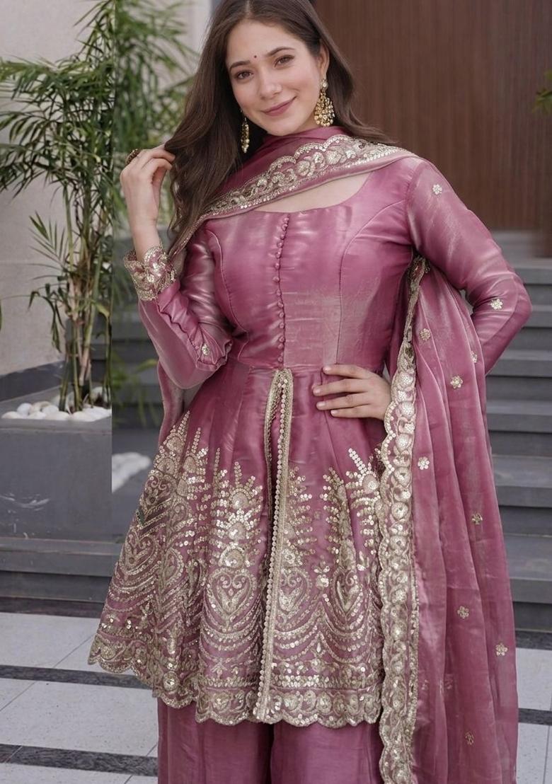 Mauve Embroidered Silk Kurta Set - Indya