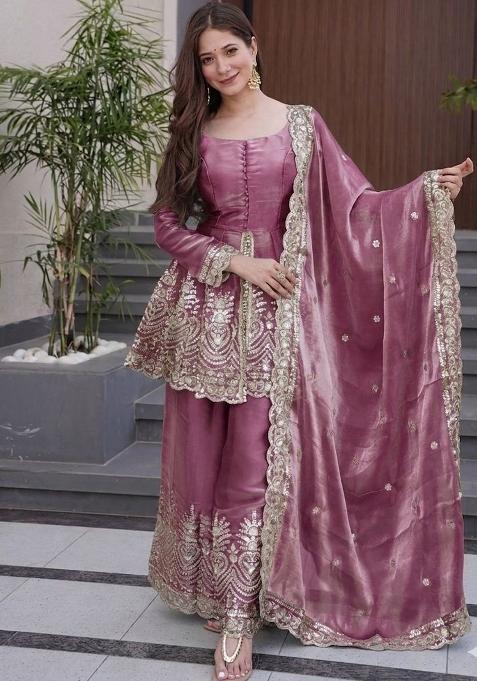 Mauve Embroidered Silk Kurta Set