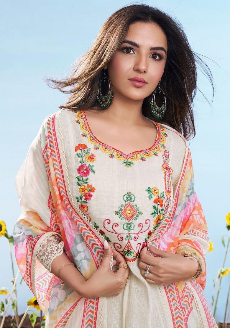White Embroidered Cotton Kurta Set - Indya