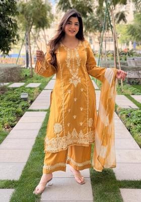 Mustard Embroidered Chanderi Kurta Set