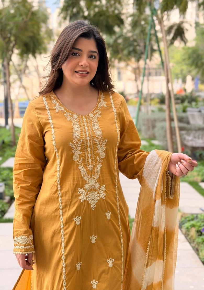 Mustard Embroidered Chanderi Kurta Set - Indya