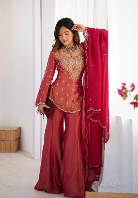 Rust Embroidered Chanderi Kurta Set