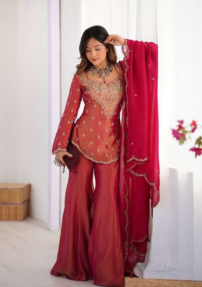 Rust Embroidered Chanderi Kurta Set - Indya