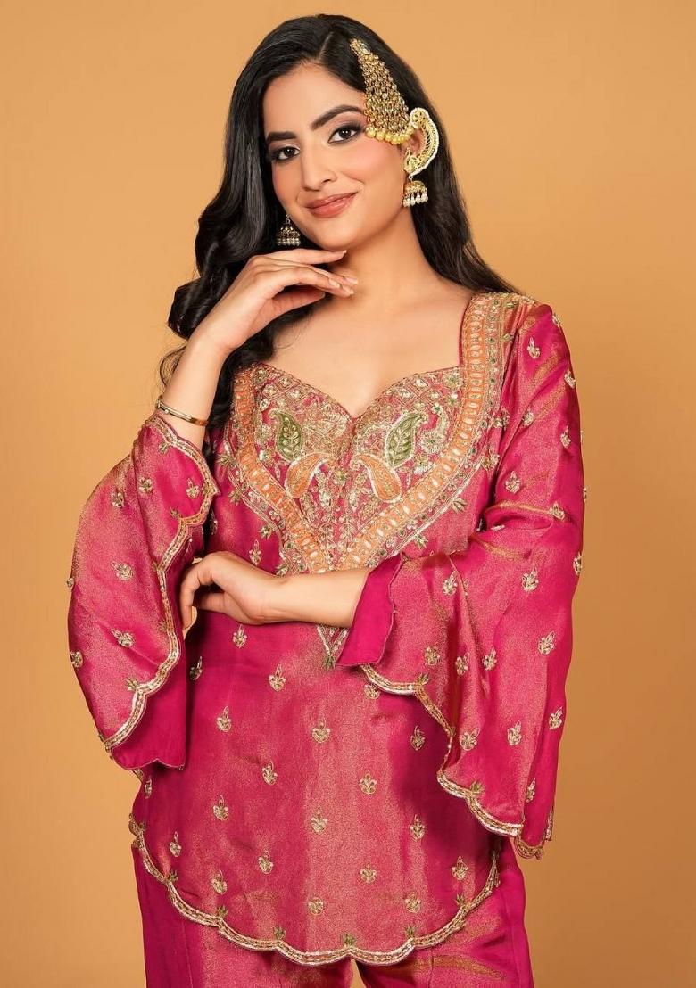 Rust Embroidered Chanderi Kurta Set - Indya