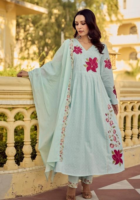 Sea Green Pacth Work Chanderi Kurta Set