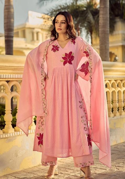 Pink Pacth Work Chanderi Kurta Set