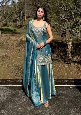 Peacock Embroidered Satin Kurta Set