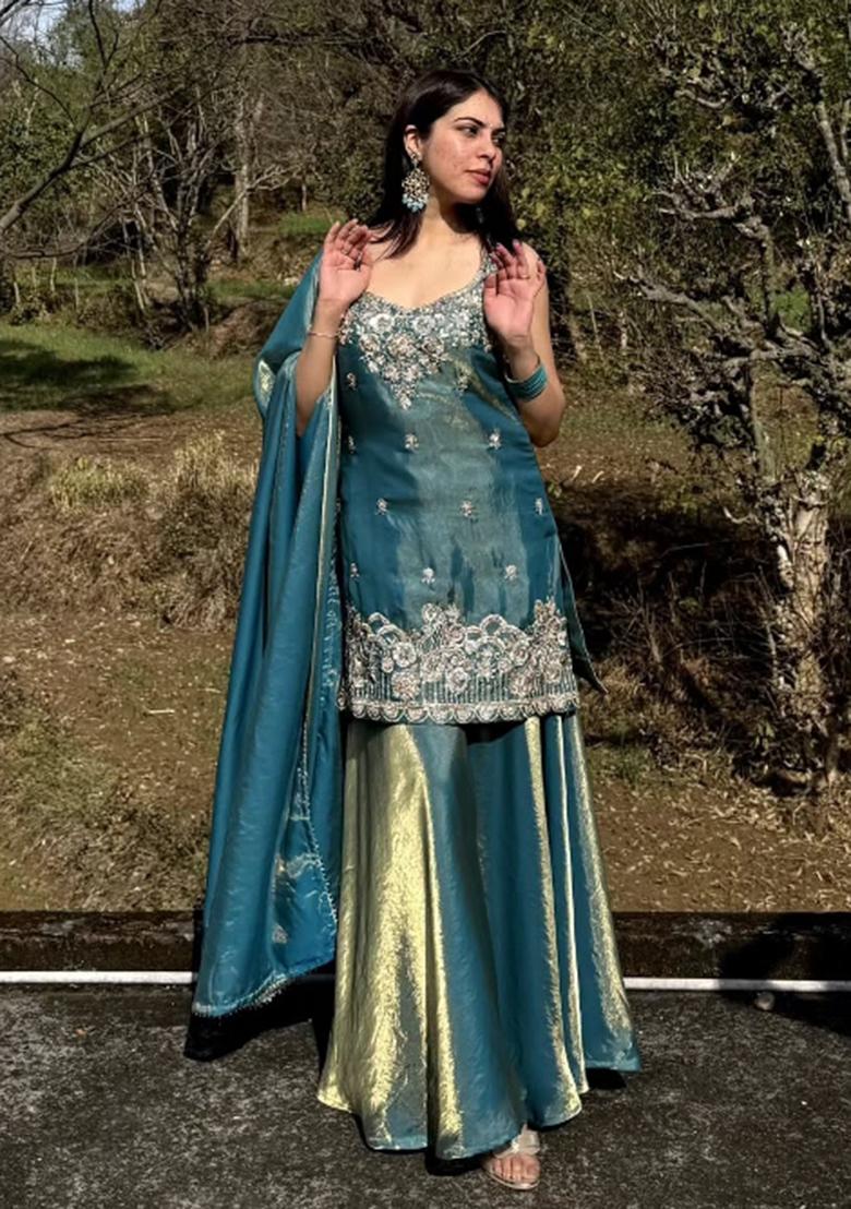 Peacock Embroidered Satin Kurta Set - Indya