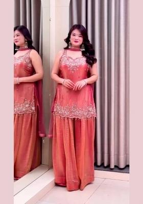 Peach Embroidered Satin Kurta Set