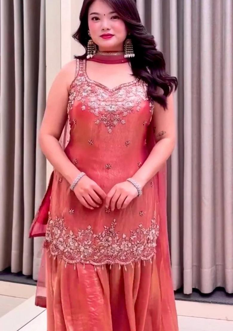 Peach Embroidered Satin Kurta Set - Indya