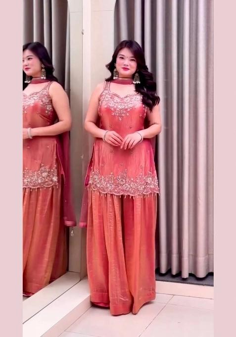 Peach Embroidered Satin Kurta Set