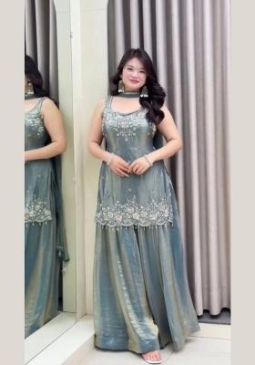 Steel Embroidered Satin Kurta Set