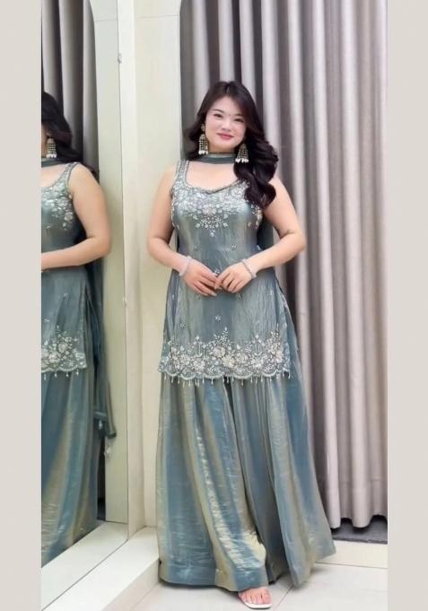 Steel Embroidered Satin Kurta Set