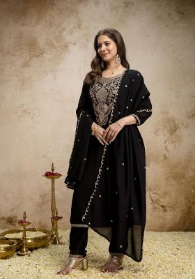 Black Embroidered Silk Kurta Set