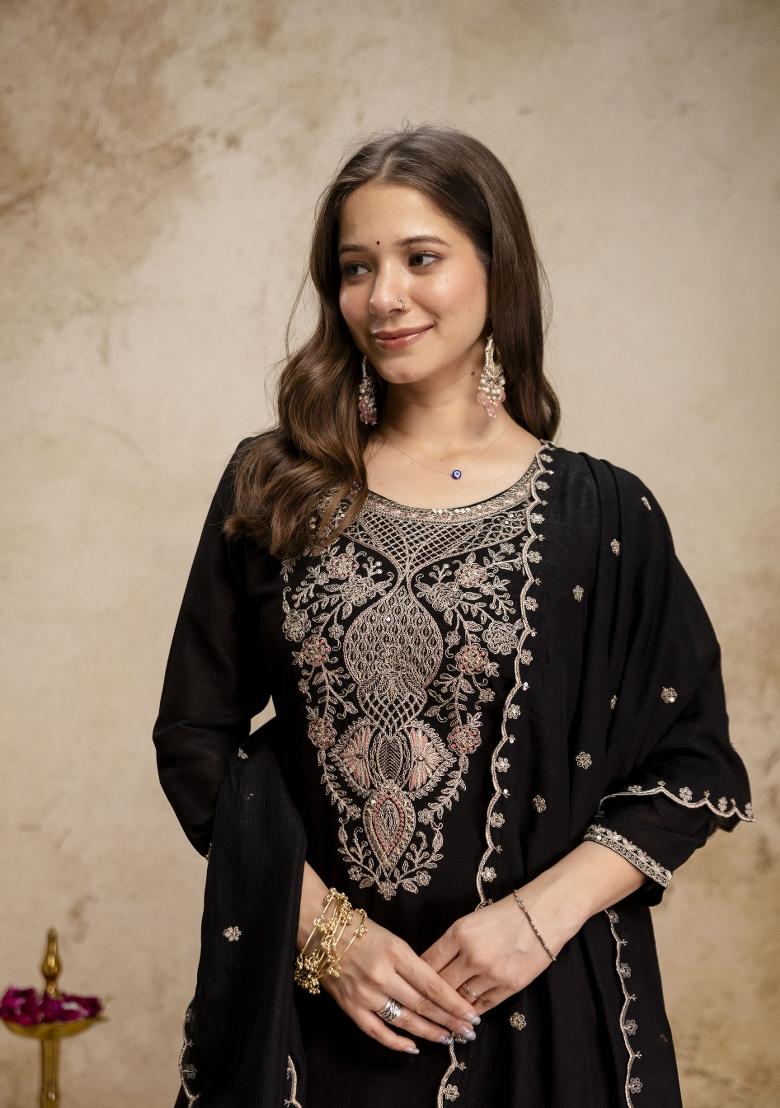 Black Embroidered Silk Kurta Set - Indya