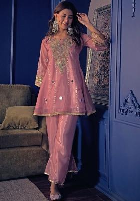 Lavender Embroidered Silk Kurta Set