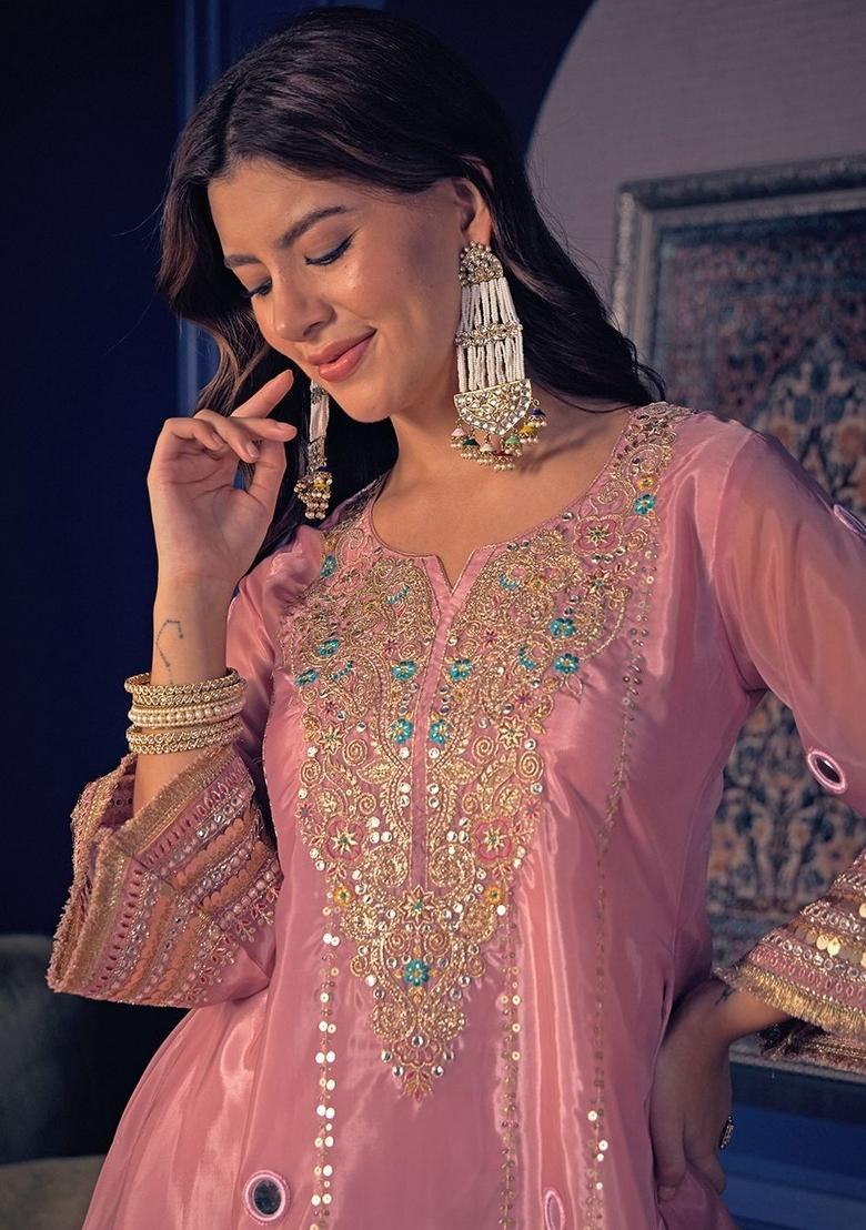 Lavender Embroidered Silk Kurta Set - Indya