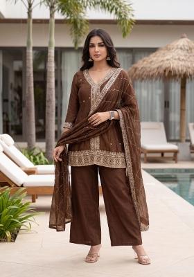 Brown Embroidered Silk Kurta Set