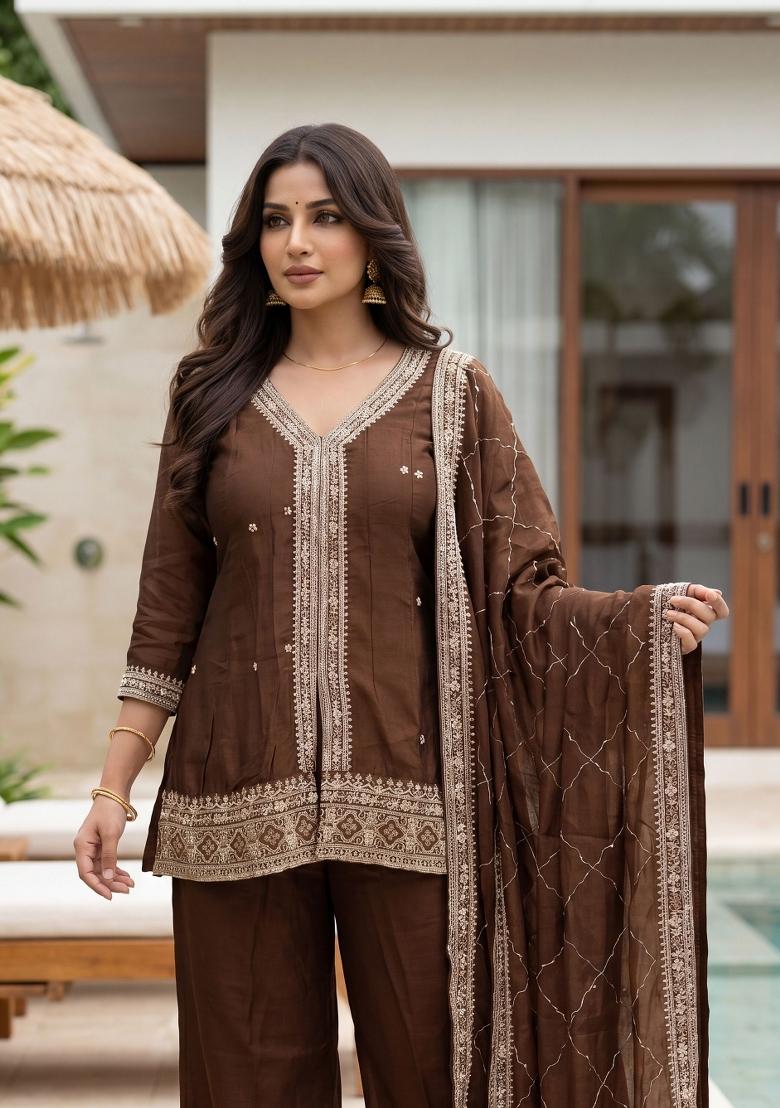 Brown Embroidered Silk Kurta Set - Indya