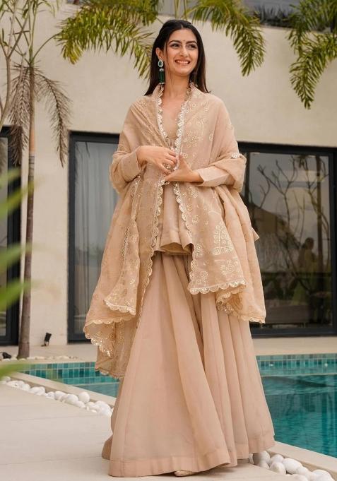 Cream Solid Organza Kurta Set