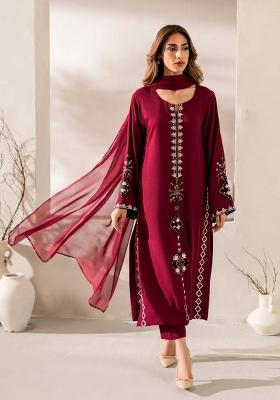 Maroon Embroidered Silk Kurta Set