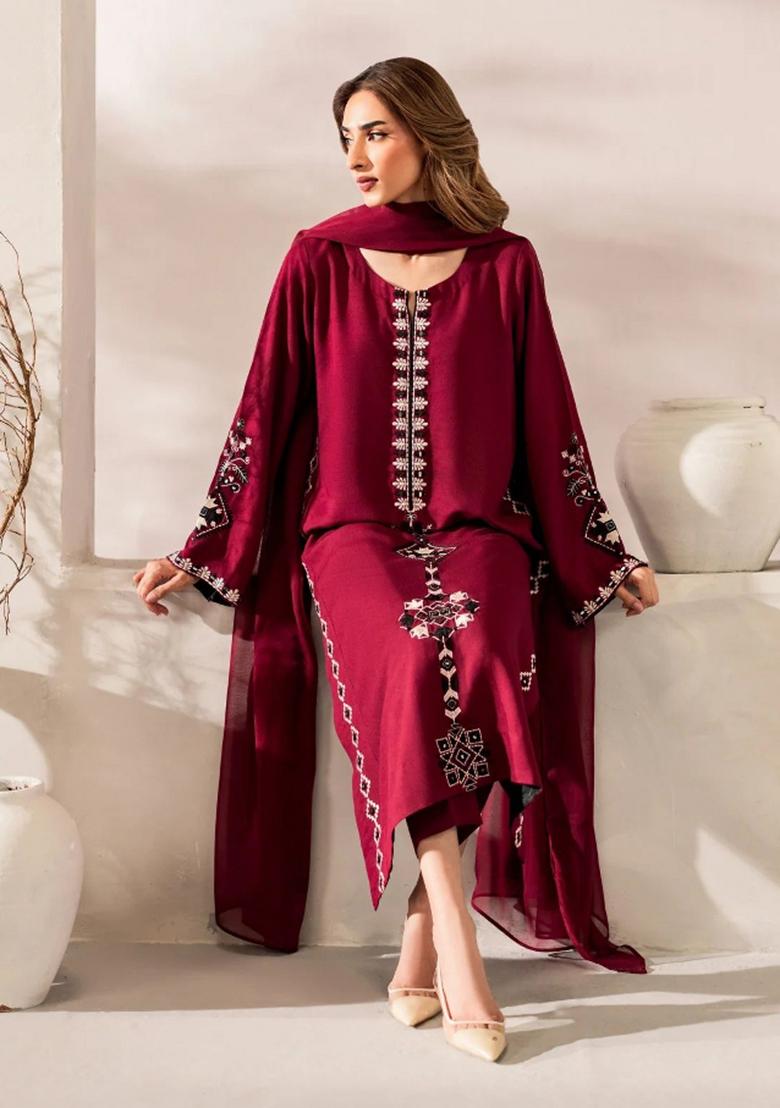 Maroon Embroidered Silk Kurta Set - Indya