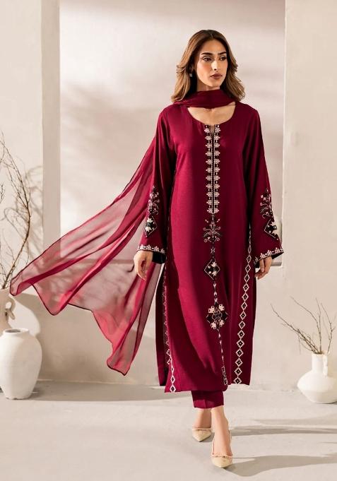 Maroon Embroidered Silk Kurta Set
