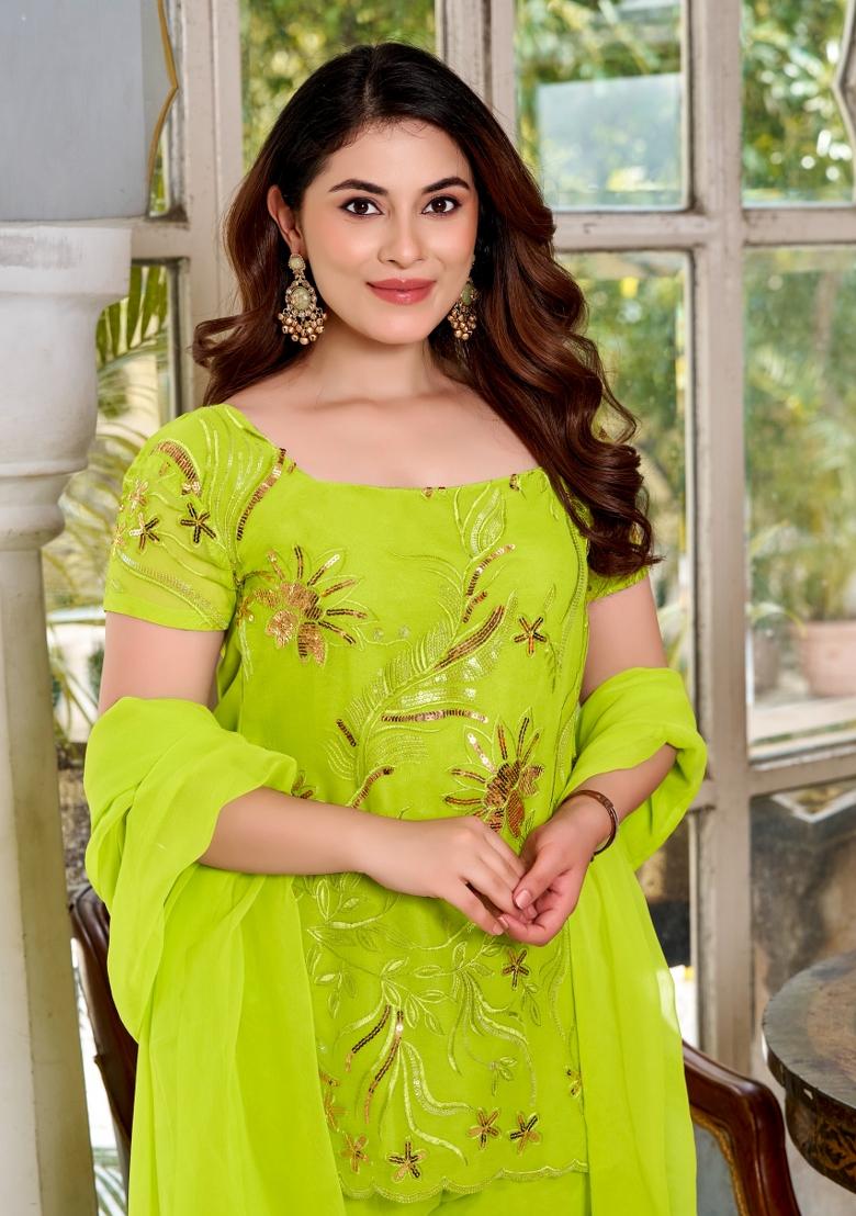 Lime Green Embroidered Georgette Kurta Set - Indya