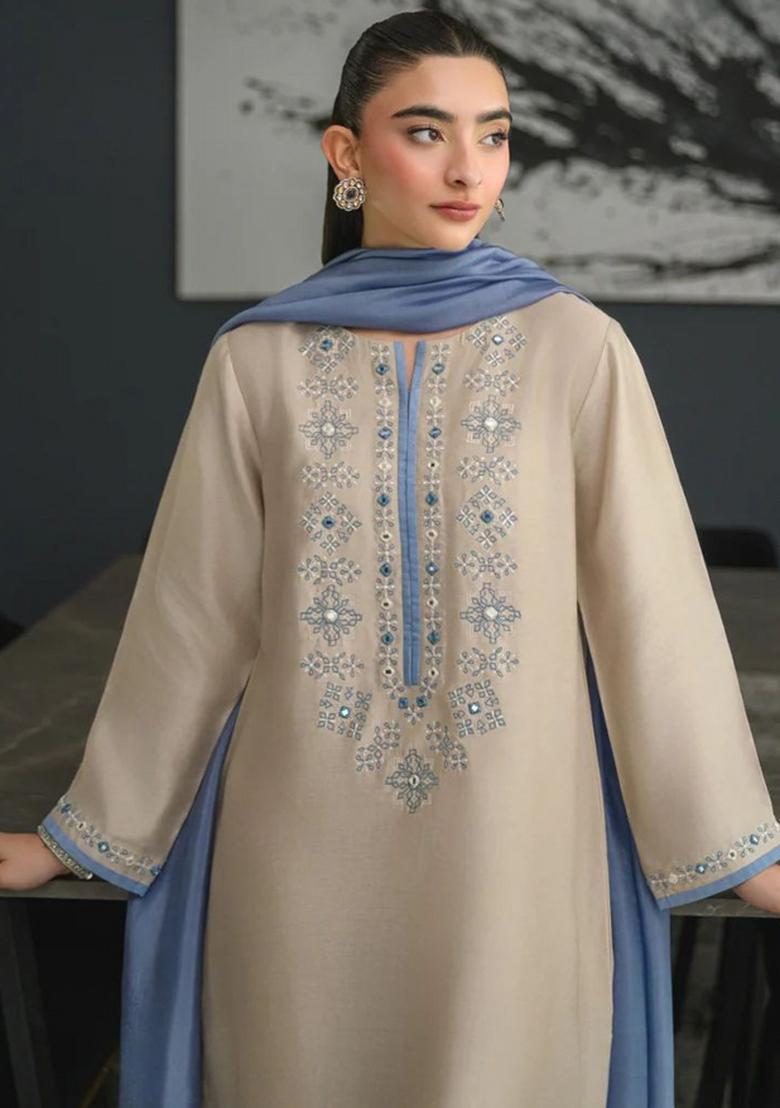 Beige Embroidered Silk Kurta Set - Indya