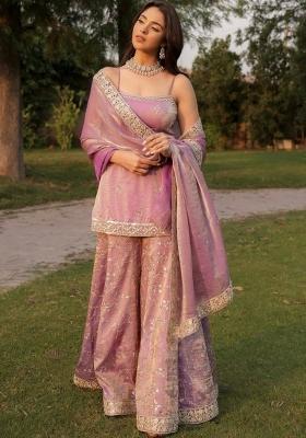 Lilac Embroidered Silk Kurta Set