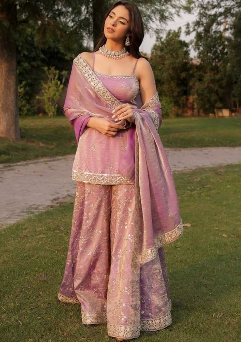 Lilac Embroidered Silk Kurta Set - Indya