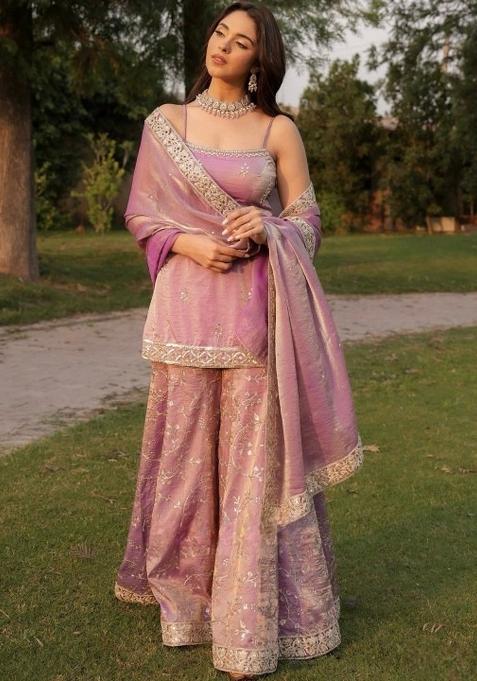 Lilac Embroidered Silk Kurta Set