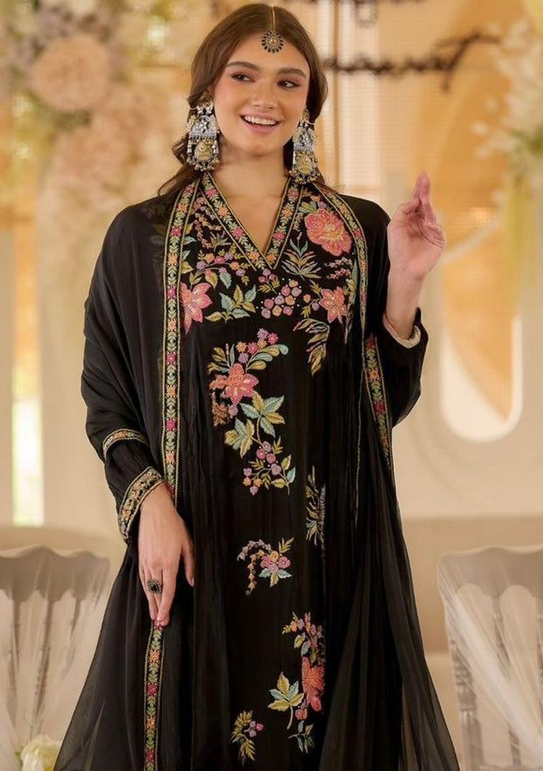 Black Embroidered Georgette Kurta Set - Indya