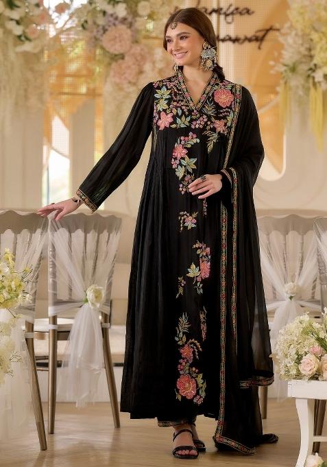 Black Embroidered Georgette Kurta Set