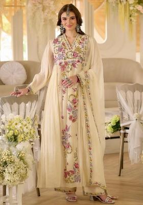 Beige Embroidered Georgette Kurta Set