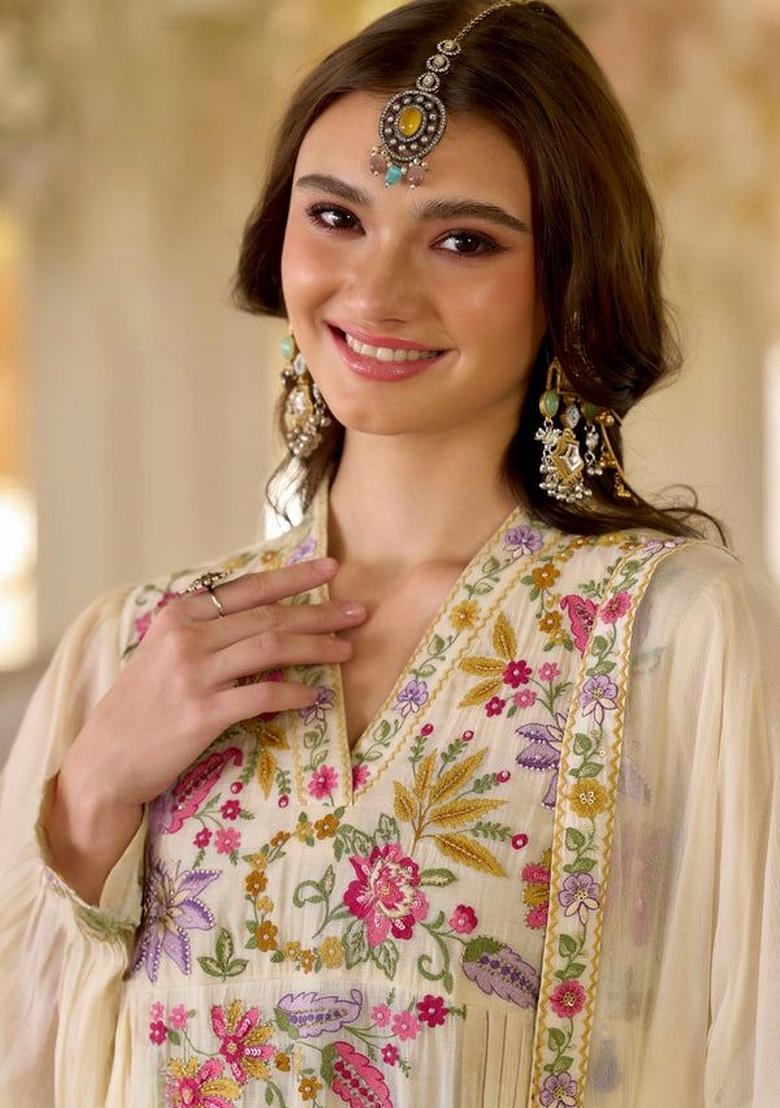 Beige Embroidered Georgette Kurta Set - Indya