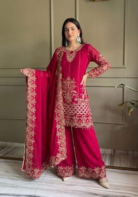 Rani Pink Embroidered Georgette Kurta Set