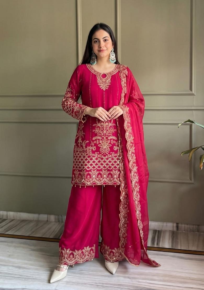 Rani Pink Embroidered Georgette Kurta Set - Indya