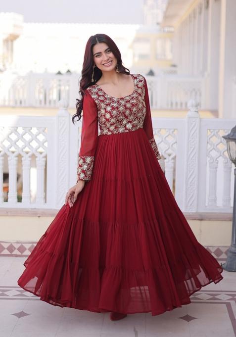 Maroon Embroidered Faux Blooming Anarkali