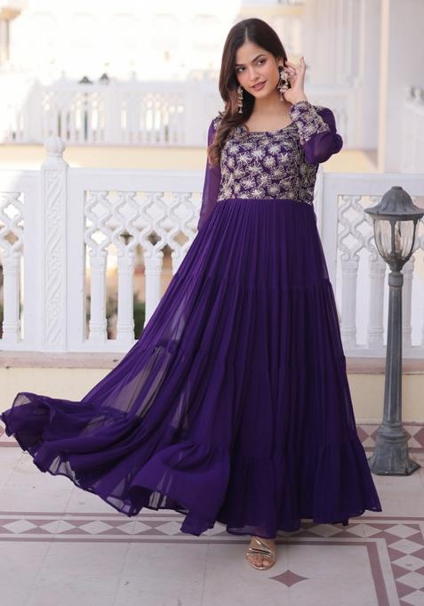 Purple Embroidered Faux Blooming Anarkali