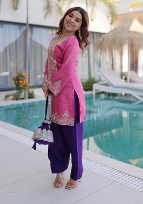 Pink Embroidered Viscose Anarkali Set