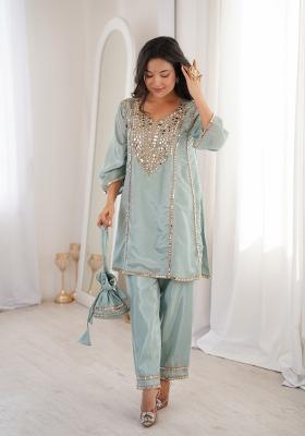 Sky Blue Embroidered H O Fabric Anarkali Set