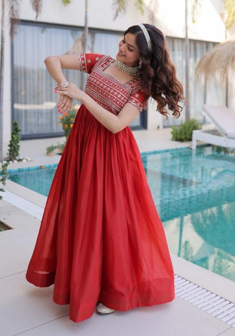 Orange Embroidered H O Fabric Anarkali