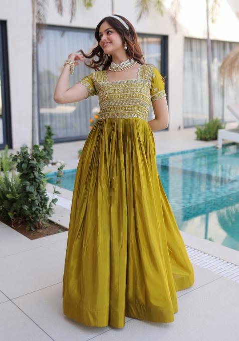 Mehendi Embroidered H O Fabric Anarkali