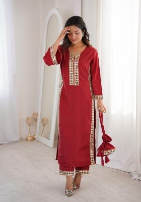 Maroon Mirror Work Crepe Anarkali Set