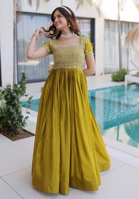 Mehendi Embroidered H O Fabric Anarkali