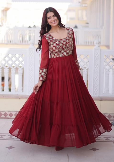 Maroon Embroidered Faux Blooming Anarkali