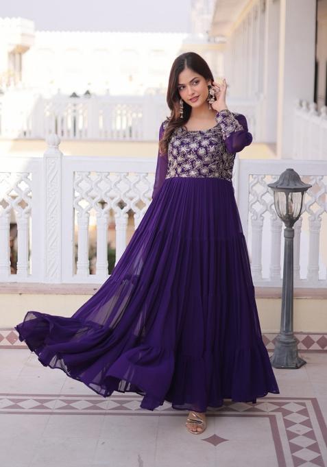 Purple Embroidered Faux Blooming Anarkali